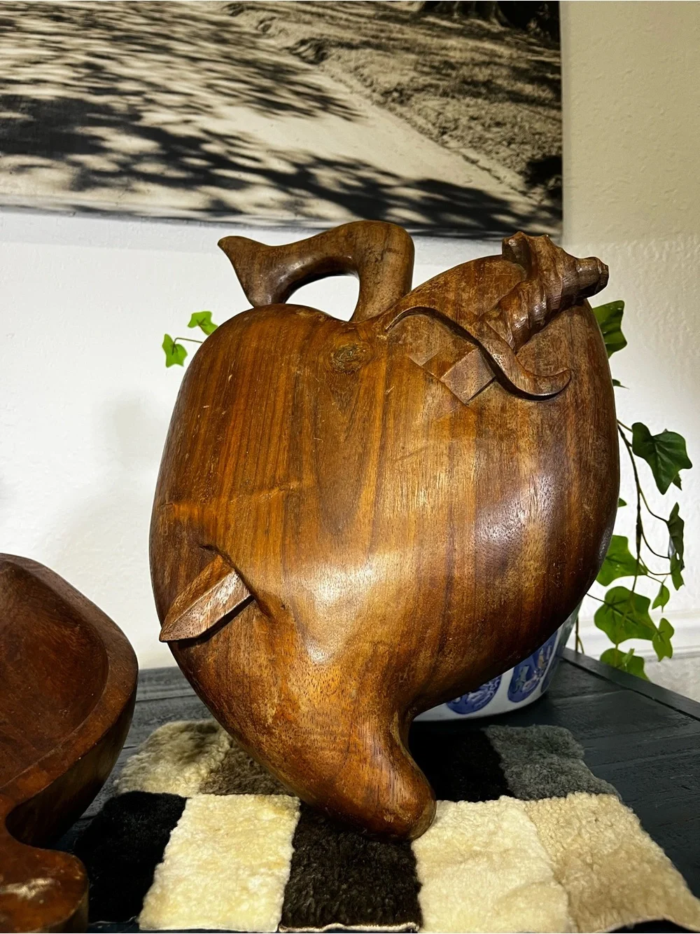 Vintage Hand-Carved Wooden Apple 🍎 Bowl with Sword 🗡️